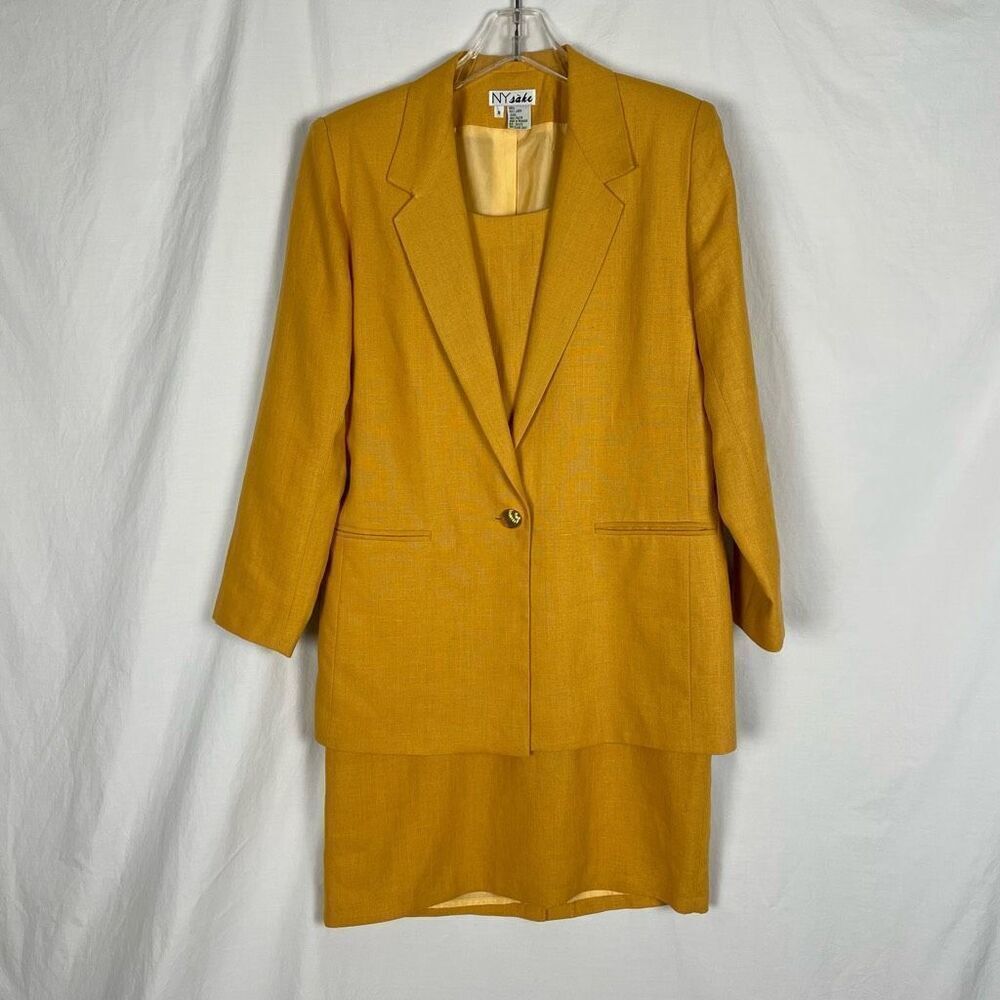 NY Sake Vintage 100% Linen Mustard Yellow Dress Suit Set - Women’s 10‎ - Picture 9 of 9